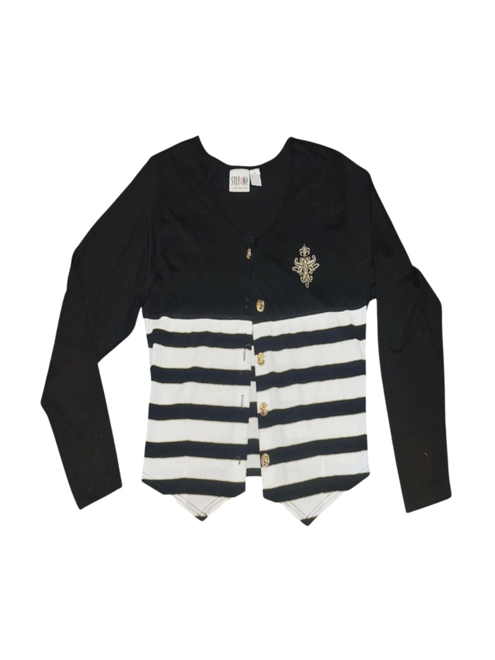 Stefano Black & White Striped Button Cardigan with Gold Details